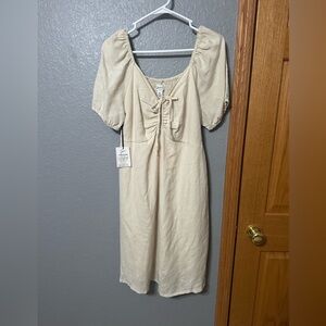 Chic Beige Midi Dress with Puff Sleeves